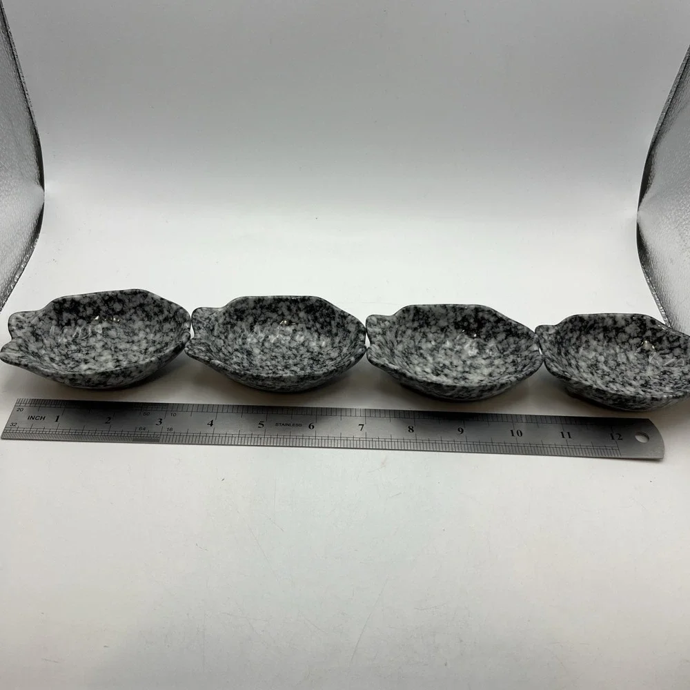 Set of 4 Grey Stone Ceramic Fish Shaped Dipping Dishes Sauce Bowls Fin Scoops